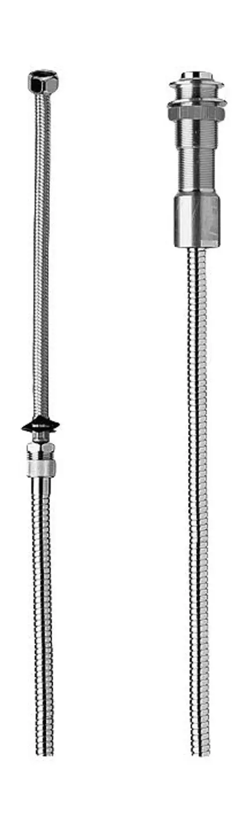 Chromfarbener Wandhalter mit flexiblen Rohren und Anschlussstücken, geeignet für die Installation in Badezimmern oder ähnlichen Räumen. Produkt von HANSA.